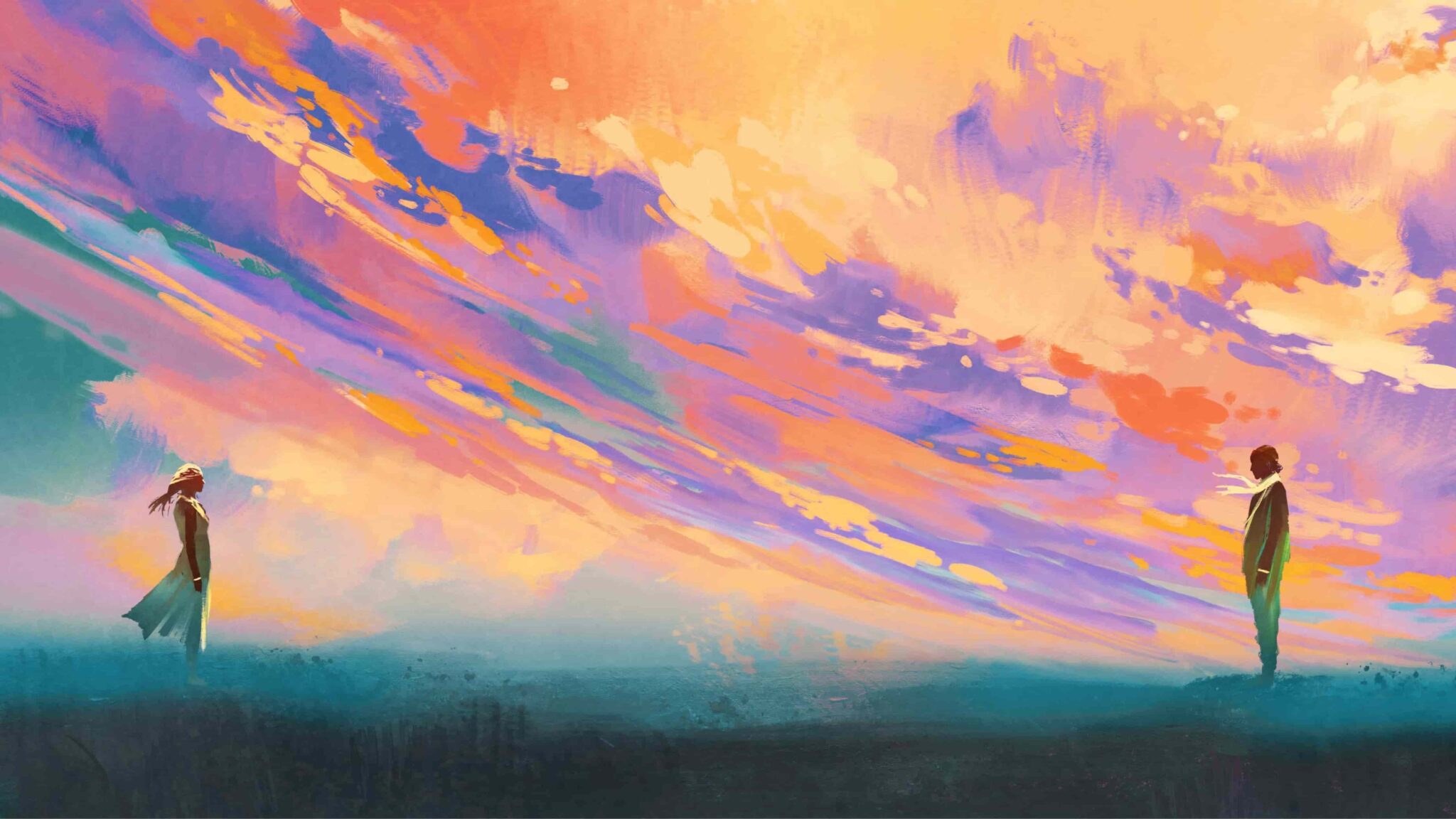 Cielo sfumato con due figure distanti, copertina articolo Relazioni di coppia – Valentina D’Emilio psicoterapeuta Firenze